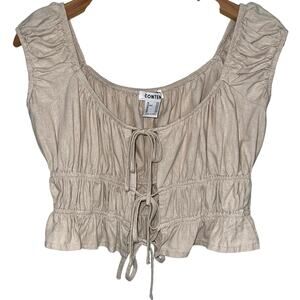 Contempo Tan Linen Blend Tie Front Ruched Milk Maid Crop Top Size Small